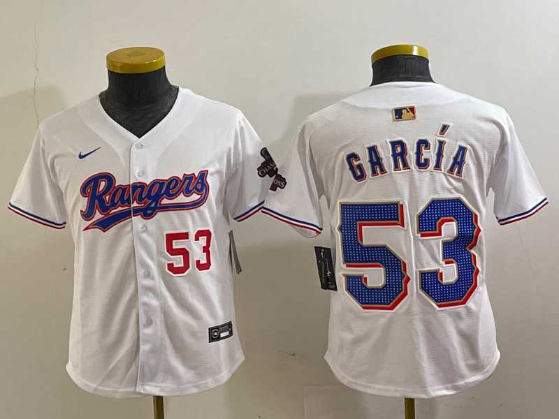 Youth Texas Rangers #53 Adolis Garcia Number White 2024 Gold Collection Limited Cool Base Jerseys 500w